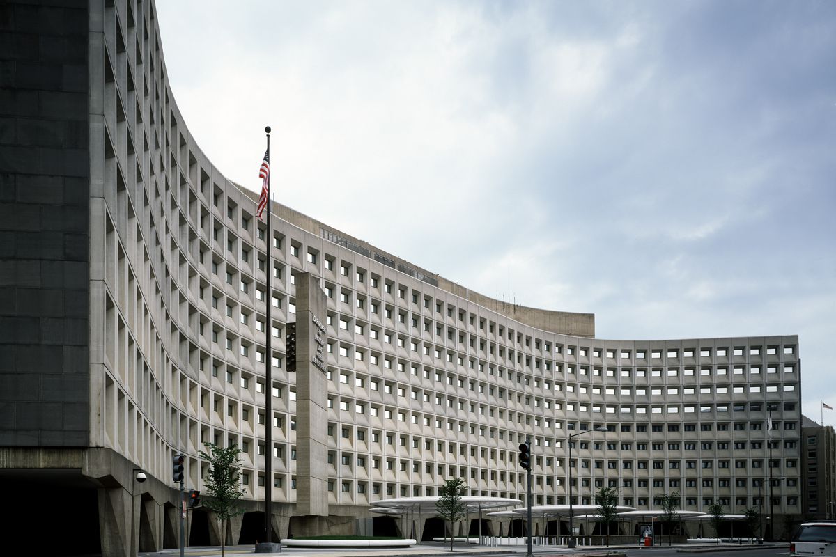 HUD headquarters, a gray brutalist building.